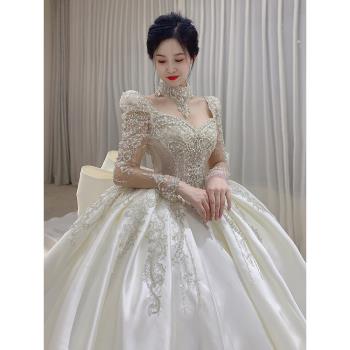緞面主婚紗新娘2025新款小個子長袖高階重工復古在逃公主孕婦大碼