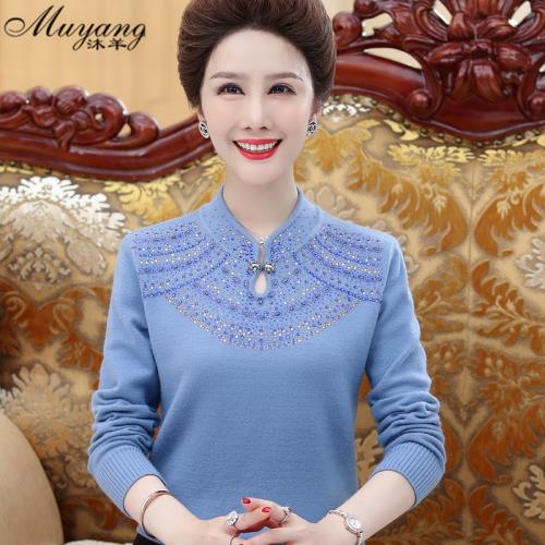 中國風媽媽裝長袖上衣中年女秋冬毛衣中老年春裝旗袍領羊毛打底衫