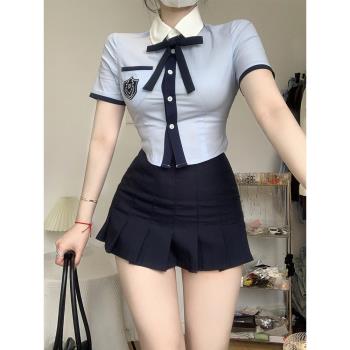小悠悠yoyo家乖巧學妹夏季韓系制服學院風套裝藍色短袖襯衫套裝女