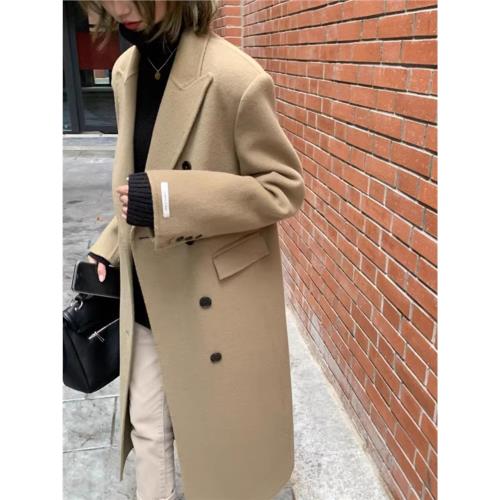 2023年新款高級感駝色雙面羊毛大衣女中長款冬季呢子西裝毛呢外套