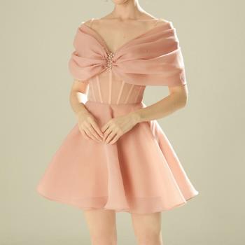小眾設計感小禮服短裙收腰甜美氣質芭比粉伴娘裙約會小個子連衣裙