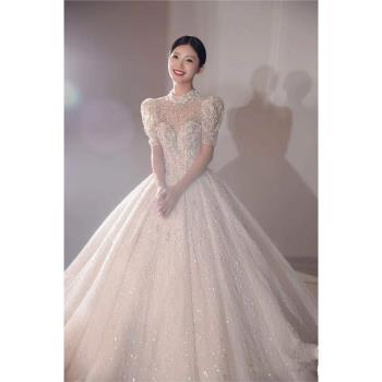 主婚紗禮服2024新款新娘重工奢華大拖尾短袖高級質感主紗一字肩冬