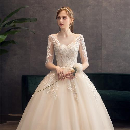 輕主婚紗2025新款新娘長袖香檳色奢華法式赫本超仙簡約齊地春夏季