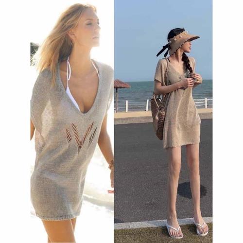 韓國V領針織鏤空溫泉泳衣罩衫