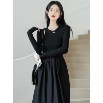春裝鏤空氣質小黑裙針織長袖