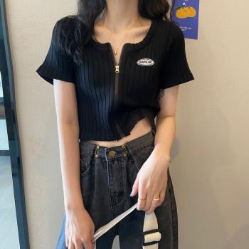 夏季女網紅黑色短款針織學生T恤設計感拉鏈短袖ins潮打底小衫上衣
