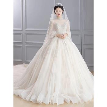 法式輕婚紗新娘2025新款主紗小個子長袖結婚禮服孕婦高階質感復古