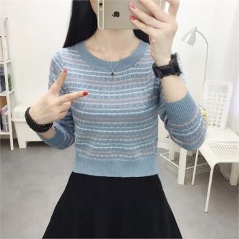 新款條紋女士毛衣小個子針織衫洋氣上衣潮短款打底衫女長袖上衣潮