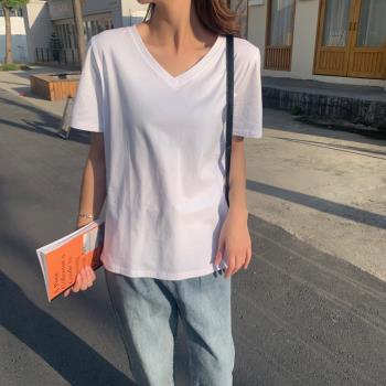 白色v領t恤女2021新款短袖女上衣寬松外穿韓版棉質ins潮洋氣夏裝