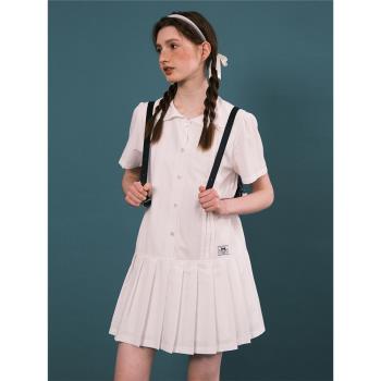 LOLOL®復古白色寬松娃娃領短袖襯衫百褶連衣裙子女小個子短裙夏季