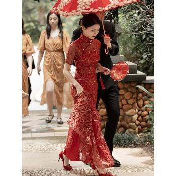 中式古法手工宴會婚紗禮服蕾絲
