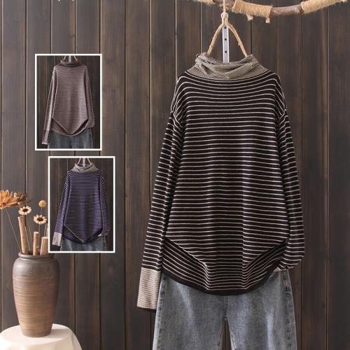 高領大碼女裝寬松顯瘦胖mm假兩件針織毛衣內搭潮條紋堆堆領打底衫