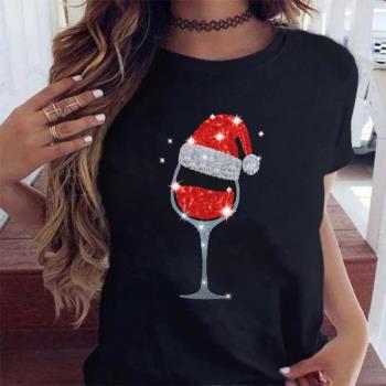 Wine Glass Christmas Hat Women T-shirt時尚酒杯圣誕帽女T恤衫