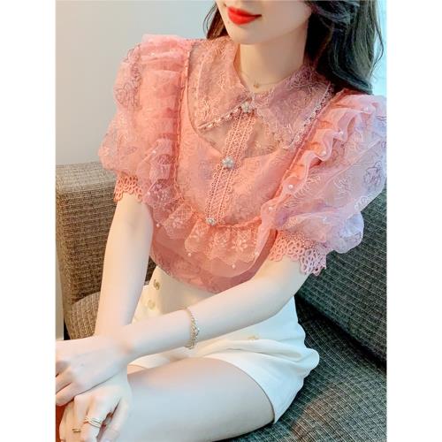 2025夏季新款法式娃娃領刺繡蕾絲襯衫女超仙甜美荷葉邊泡泡袖上衣