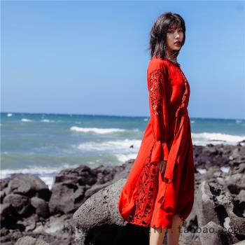 秋季復古楓葉紅棉鏤空刺繡度假裙