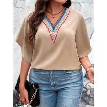 2023 summer plus size lace shirts women V neck casual tops