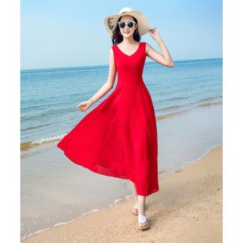 雪紡連衣裙2023夏季無袖波西米亞長裙優雅時尚海邊度假沙灘裙氣質