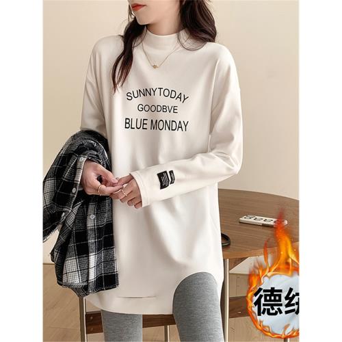 半高領德絨打底衫女長袖t恤秋冬加絨中長款蓋屁股上衣破洞體恤厚