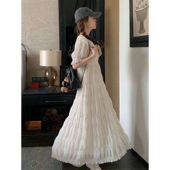 法式白色仙女連衣裙2023新款夏裝韓版溫柔小香風氣質雪紡泡泡長裙