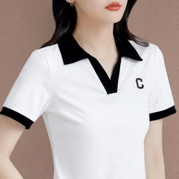 純棉v領短袖t恤女2024年新款夏季上衣半袖時尚翻領白色體恤polo衫