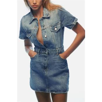 ZA折扣女裝夏季新款高級感顯瘦短袖牛仔襯衫式連衣裙 6147159 427