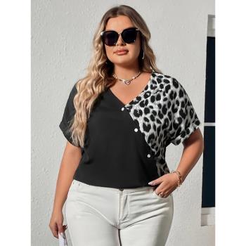 Summer casual top plus size women V-neck shirt leopard print