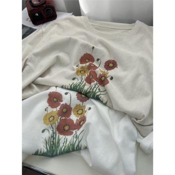 透氣舒適冰絲棉短袖t恤女夏季薄款韓版寬松 溫柔花朵印花半袖上衣