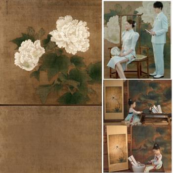 中國風工筆畫初古風裝主題兒童婚紗攝影背景布寫真拍照拍攝背景紙