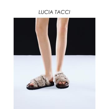 【雙11預售】LUCIA TACCI 23秋冬新款牛皮金屬羊毛勃肯時裝拖鞋