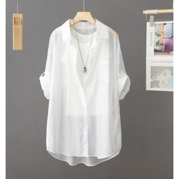 設計感白色防曬襯衫女外套夏季新款寬松POLO領中長款開衫女裝上衣