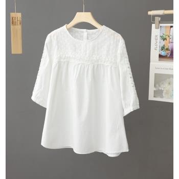 白色蕾絲鏤空別致上衣女短袖洋氣夏季2023新款純棉套頭小衫襯衫女