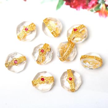 S925純銀鍍金鑲嵌天然白水晶刻麵包金通孔隔珠配件diy手鏈女配飾