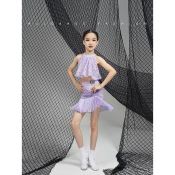 WJJdance拉丁舞服女兒童2023新款分體蕾絲短款上衣流蘇半身裙套裝