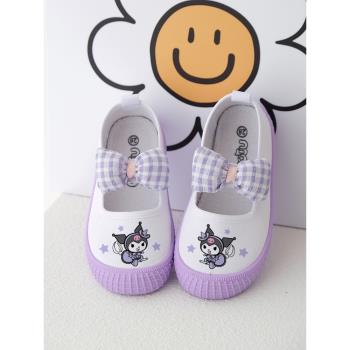 幼兒園室內鞋軟底兒童小白鞋庫洛米透氣女童帆布鞋紫色寶寶白布鞋
