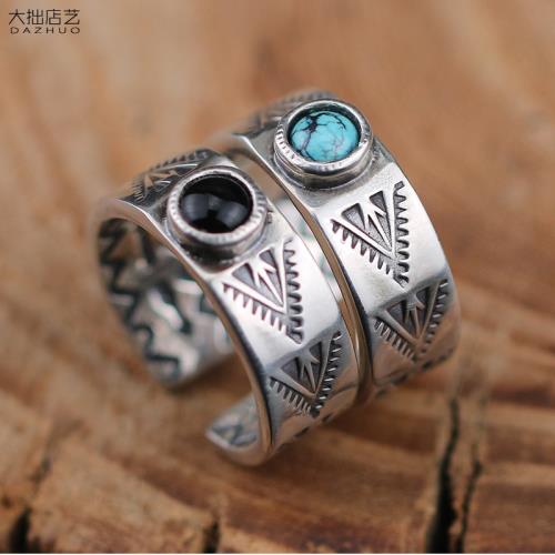 大拙店藝 匠人手工NW納瓦霍圖騰松石戒指925純銀開口男潮復古銀飾