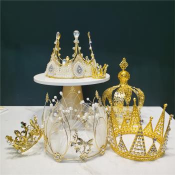 新皇冠生日帽蛋糕裝飾擺件新娘飾品烘焙水晶復古手工珍珠鉆石女王