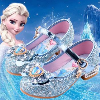 迪士尼女童公主鞋愛莎閃亮兒童鞋2023新款艾莎水晶鞋軟底涼鞋夏款