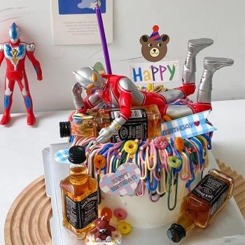 韓式網紅男孩變形超人蛋糕裝飾擺件兒童生日卡通仿真酒瓶烘焙插件