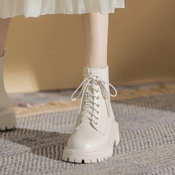 潮牌馬丁靴女2023新款夏季真皮白色短靴女款時尚系帶厚底百搭靴子