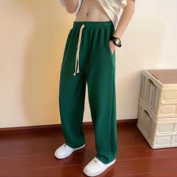 美式復古墨綠色褲子男夏季肌理感衛褲直筒垂感冰絲男褲加長高個子