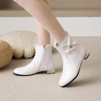 春秋兒童白色演出鞋高跟馬丁靴