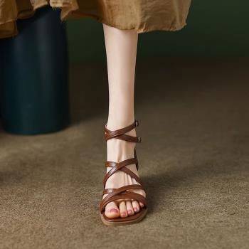 潮牌綁帶高跟鞋女2023年新款夏季復古細帶羅馬涼鞋設計感小眾氣質