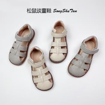 出口兒童夏季白色復古編織涼鞋