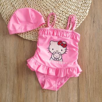 兒童游泳衣粉色kitty甜美可愛卡通公主小女孩寶寶裙式連體泳裝溫