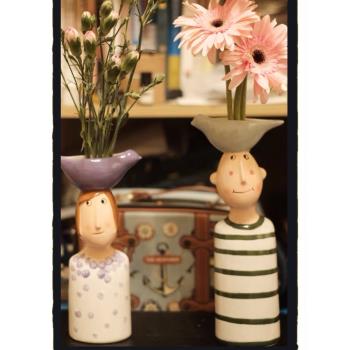 裝飾擺件鮮花瓶人頭花盆陶瓷創意可愛個性北歐水培家用插干花陽臺