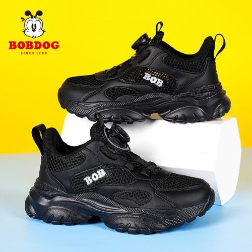 巴布豆童鞋男女童鏤空單網運動鞋兒童旋轉鈕黑色輕便跑步鞋老爹鞋