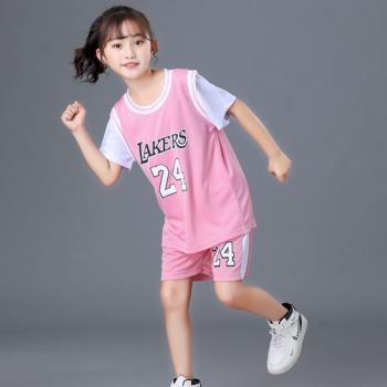 女童粉色籃球服套裝女男孩夏24號科比湖人兒童秋冬四件套運動球衣