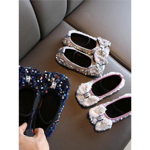 2025秋季韓版女童豆豆鞋亮片蝴蝶結公主鞋洋氣小女孩軟底鞋兒童鞋