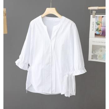 喇叭袖白色襯衫女V領設計感小眾純棉襯衣中袖法式系帶夏季上衣潮