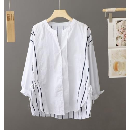 設計感小眾白色條紋圓領襯衫女長袖春秋2026新款外搭上衣洋氣襯衣